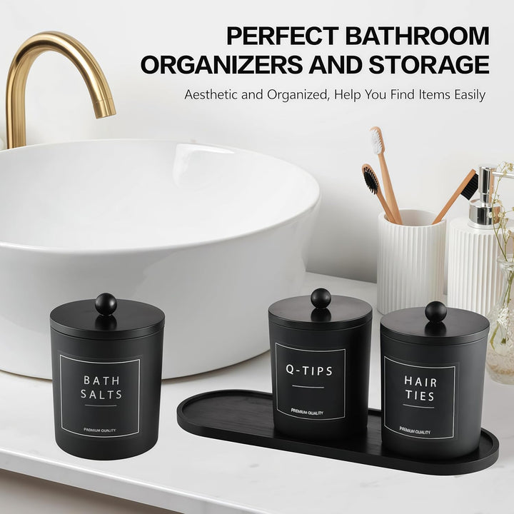 BIKALAN Glas Wattestäbchen Behälter, Schminktisch Badezimmer Organizer Set mit Tablett, Wattepadspen
