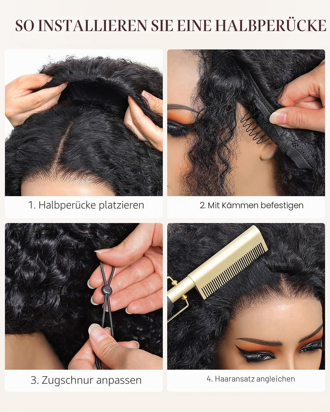 Tunfine Curly Half Wig Echthaar perücke 200 Dichte Water Wave 3 in 1 Seamless Flip Over Wigs Perücke