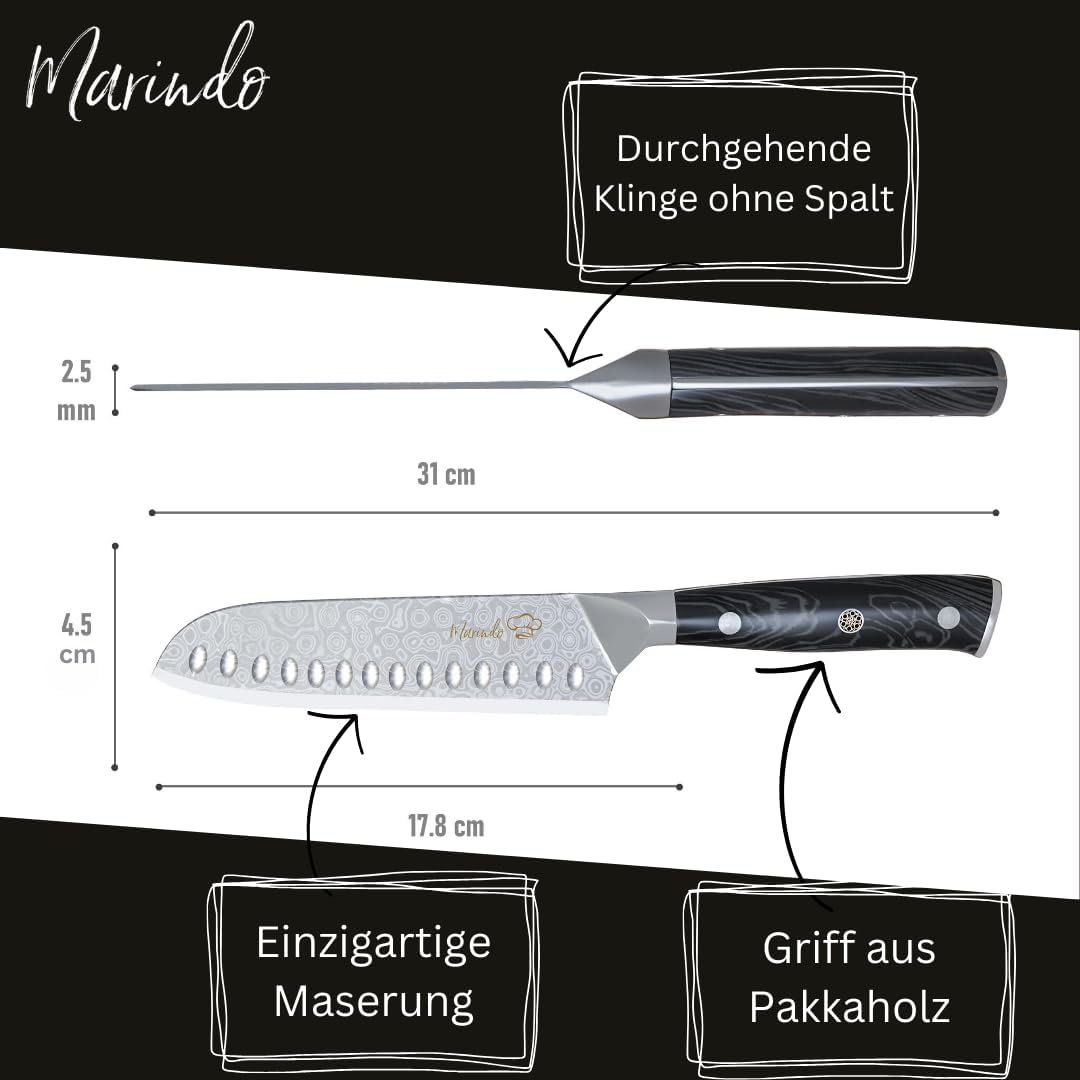 Marindo Santoku Damastmesser aus echtem Damaszener Stahl 17,8 cm Klinge | japanisches Santoku Damast