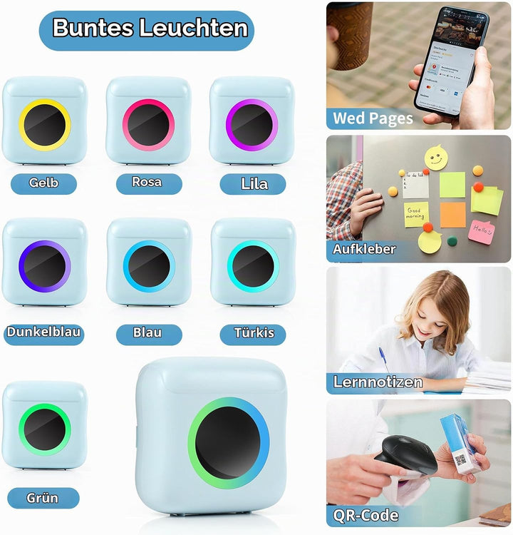 GuKKK Mini Drucker, Mobiler Fotodrucker, Tragbarer Mini Fotodrucker, Wireless Thermodrucker mit 11 R