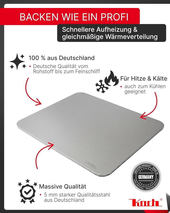 Koch Backstahl - 40 x 30 cm - Massiver Pizzastahl aus 5mm Qualitätsstahl - Für Backofen & Grill - Sc