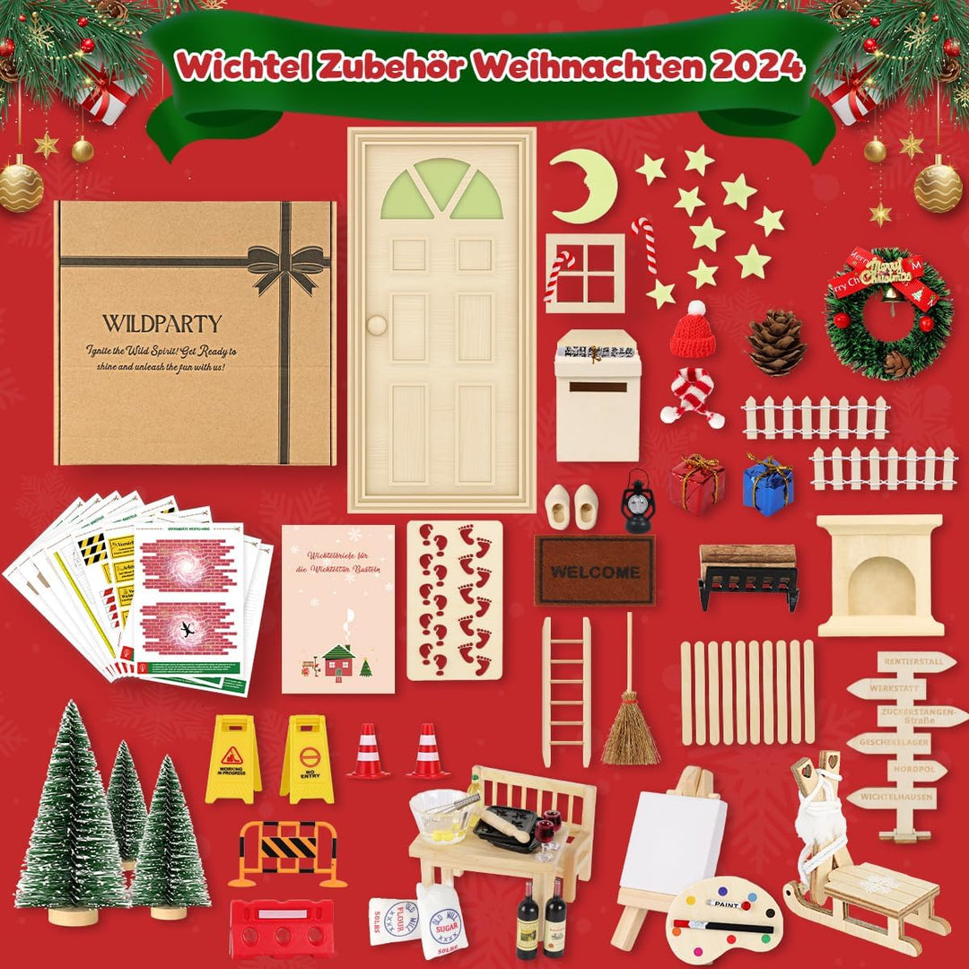75Pcs Wichtel Zubehör mit Briefe Weihnachten Wichteltür Komplettset, Elfentür Beleuchtet Miniatur Wi