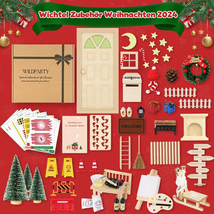 75Pcs Wichtel Zubehör mit Briefe Weihnachten Wichteltür Komplettset, Elfentür Beleuchtet Miniatur Wi