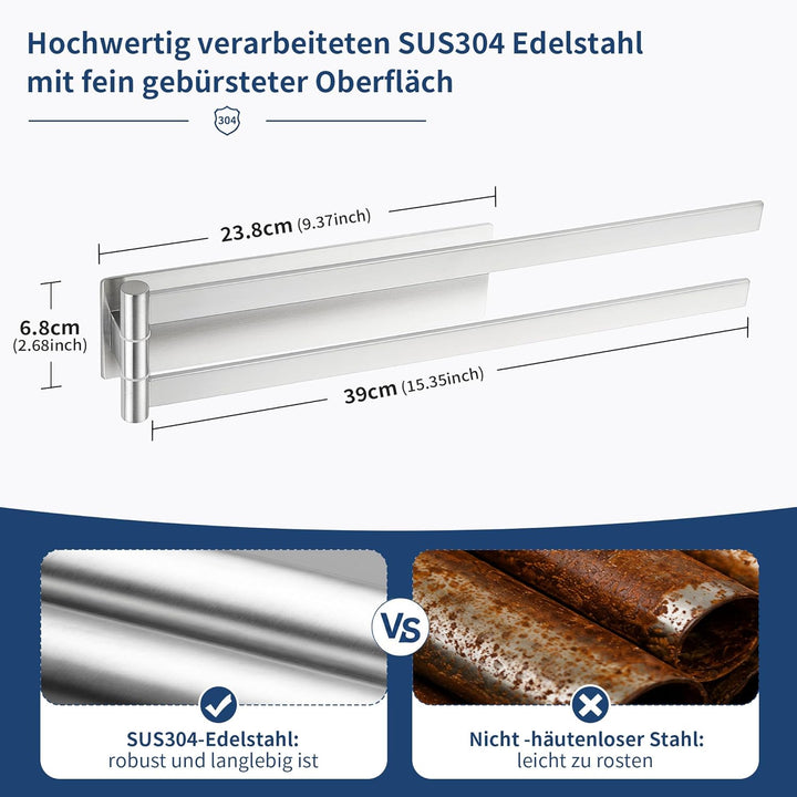 Handtuchhalter Ohne Bohren, Doppelt 180°Schwenkbar Zweiarmig Handtuchstange Silber Gebürstet für Bad