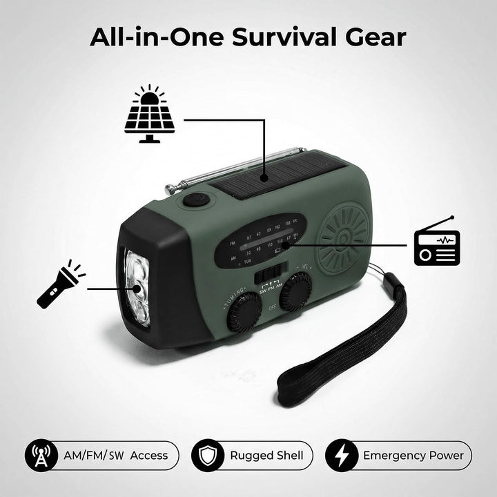Notfallradio mit Kurbel und Solar, Tragbare Kurbelradio mit LED-Taschenlampe, AM/FM Empfang, SOS-Ala