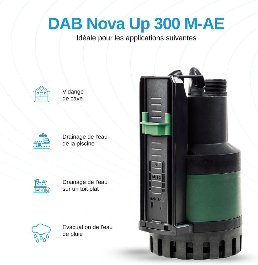 DAB Nova Up 300 M-AE mit Ablaufschlauch 7 Meter - Flachsauger-Tauchpumpe - 10.000 L/Std. - 380W - Fö