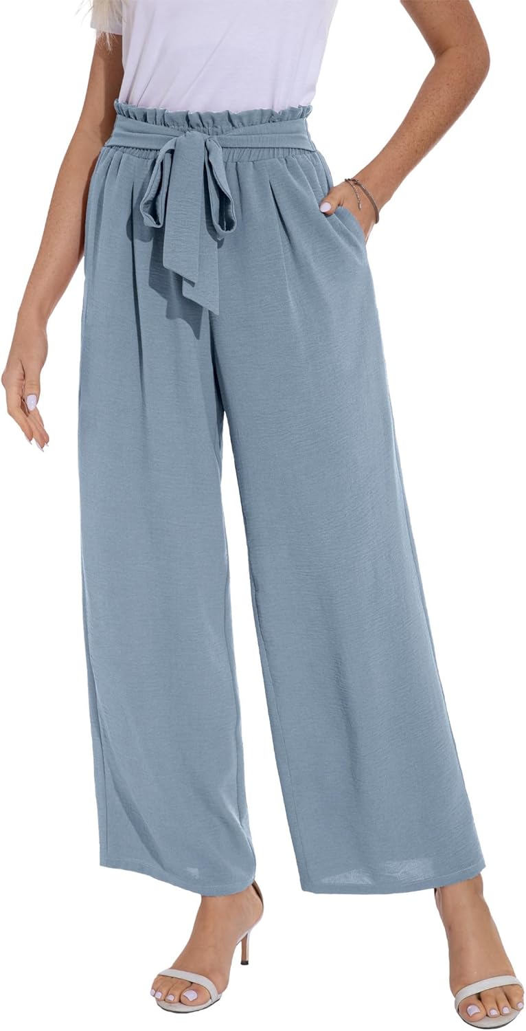PrinStory Damen Hose Mit Weitem Bein Leichte Elastische Taille Sommer Hose Mit Taschen Kausale Arbei