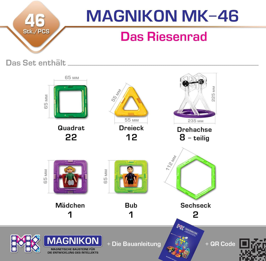 MAGNIKON Magnetische Bausteine Das Riesenrad 46-teilig - Montessori Spielzeug ab 3 Jahre, Kinder Mag