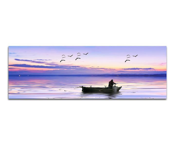 Paul Sinus Art Panoramabild auf Leinwand und Keilrahmen 150x50cm Meer Fischerboot Fischer Möwen Morg