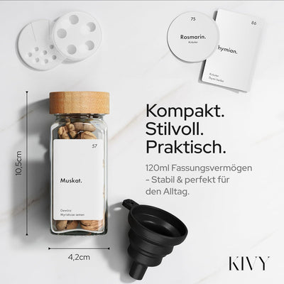 KIVY Gewürzregal mit Gläsern | inkl. 24 Gewürzgläser mit Etiketten - Verstellbare Breite - Gewürz Or