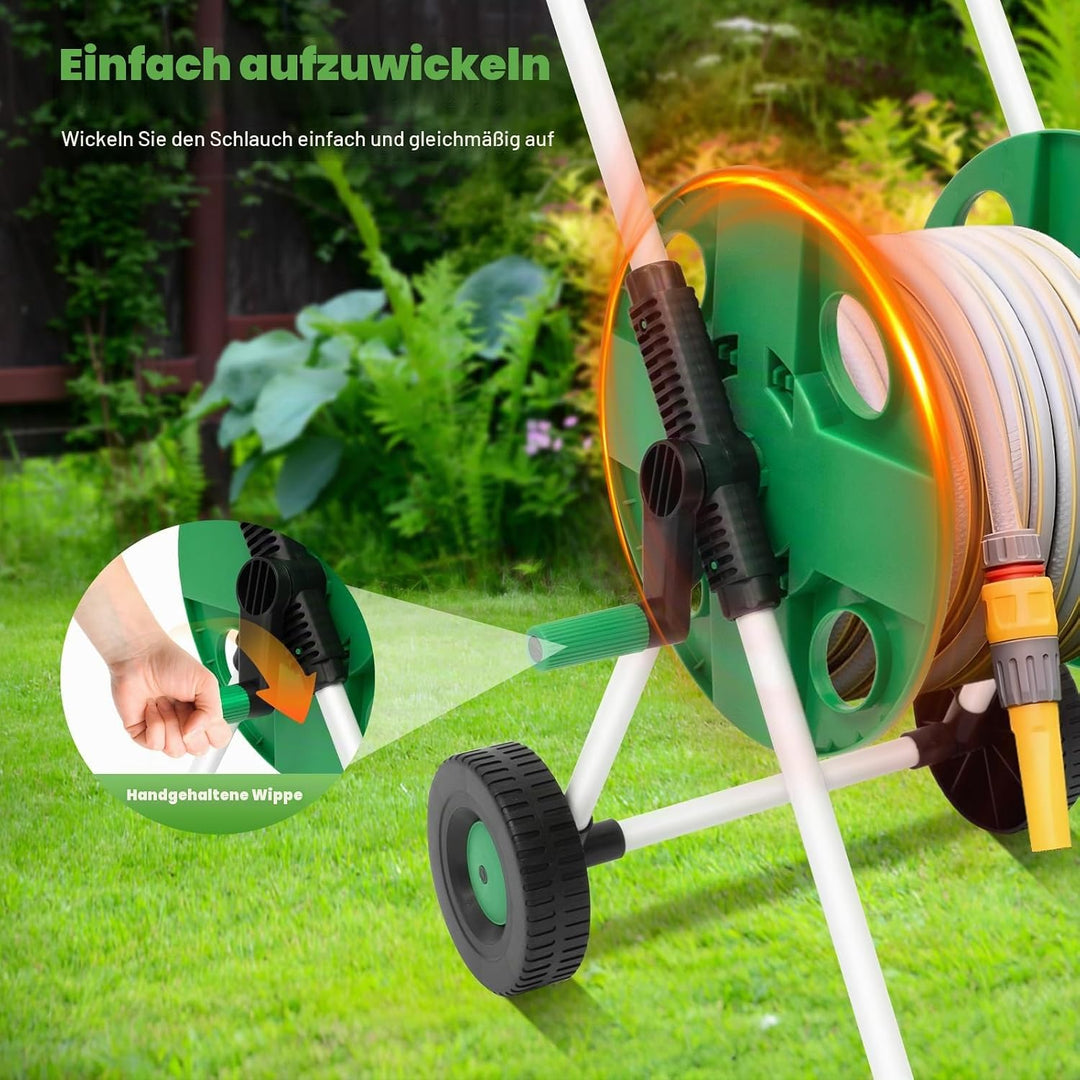 1/2 Zoll Schlauchwagen bis zu 50m, Gartenschlauch mit 2 Räder, Handwippe, Wasserschlauch für Garten