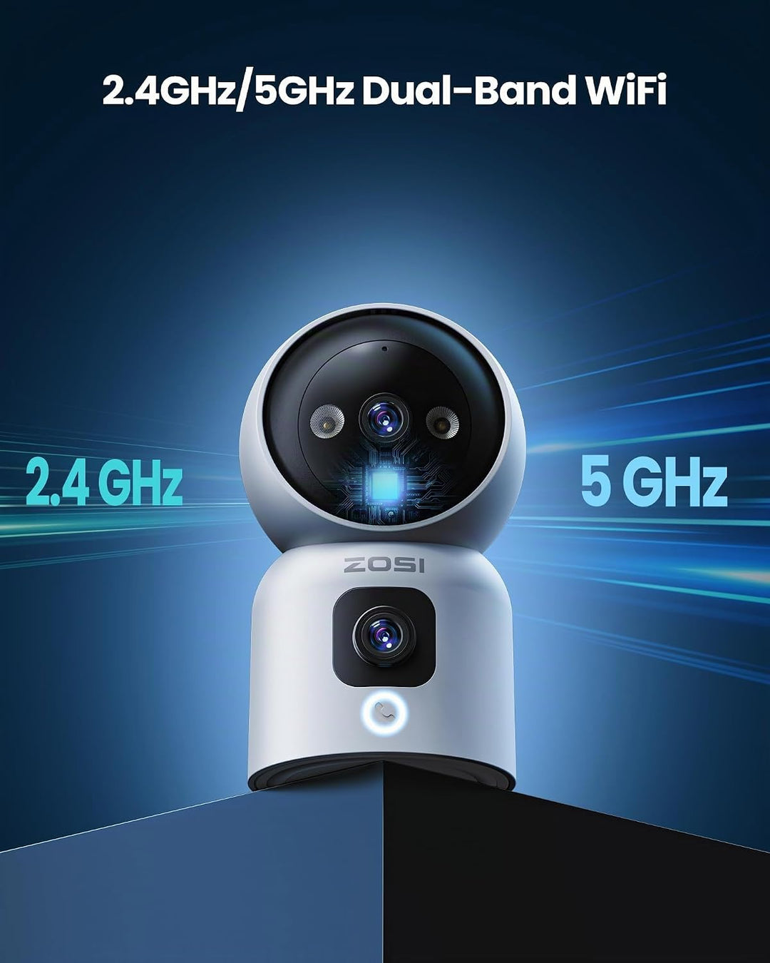 ZOSI Überwachungskamera Innen mit Dual-Objektiv 3MP+3MP, 2,4/5G WLAN, Taste/OK-Geste-Anruf, KI Perso
