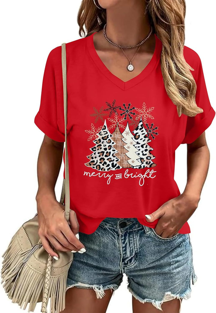hohololo Weihnachts Tshirt Damen Christmas Shirt Merry Christmas V-Ausschnitt-T-Shirt Rot1 M, Rot1 M