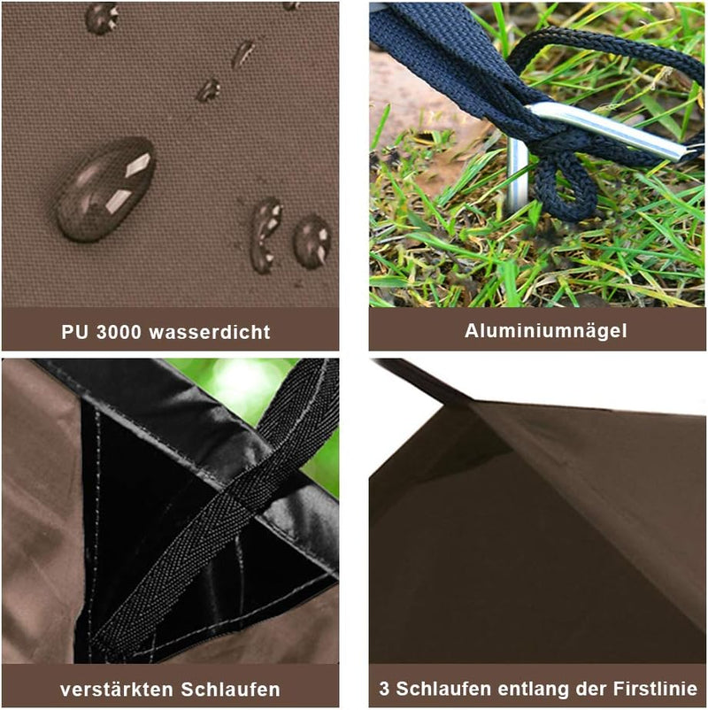 Zeltplane Tarp für Hängematte Regenschutz Sonnensegel für Ourdoor Camping Wasserdicht Anti-UV Brau 3