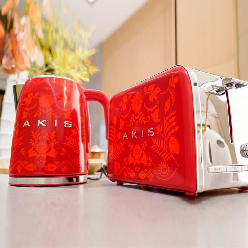 AKIS La Fête Design Toaster und Wasserkocher Set aus Edelstahl in Rot Farbe mit Barock Muster, Toast