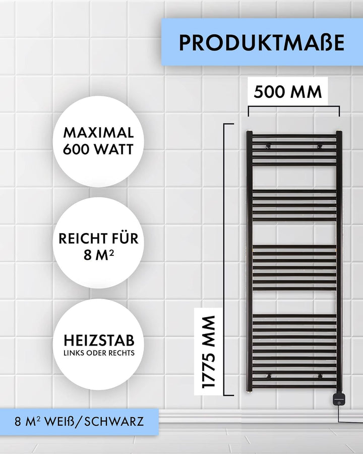 anapont elektrischer Badheizkörper 1775x500 - weiss gerade - Timer-Funktion - Handtuchheizkörper - B