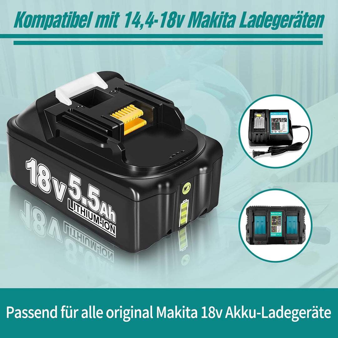 2X Akku 18V 5.5Ah Li-Ion Ersatzakku für Makita 18V, Kompatibel mit Allen Makita 18V Akku-Werkzeugen