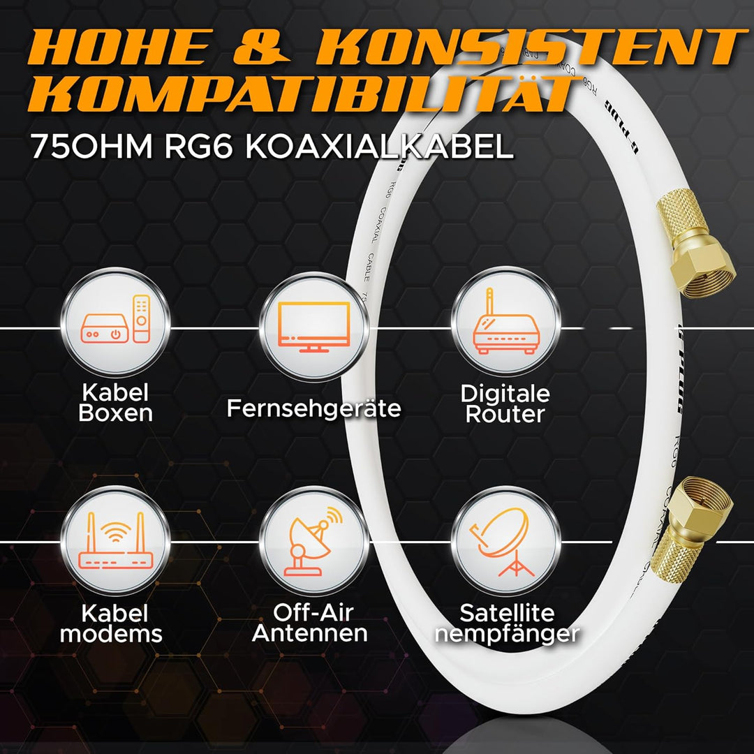 G-PLUG 30 m Koaxialkabel für TV RG6 Antennenkabel, Kabel satelliten TV, Verlängerung für Sat Kabel F