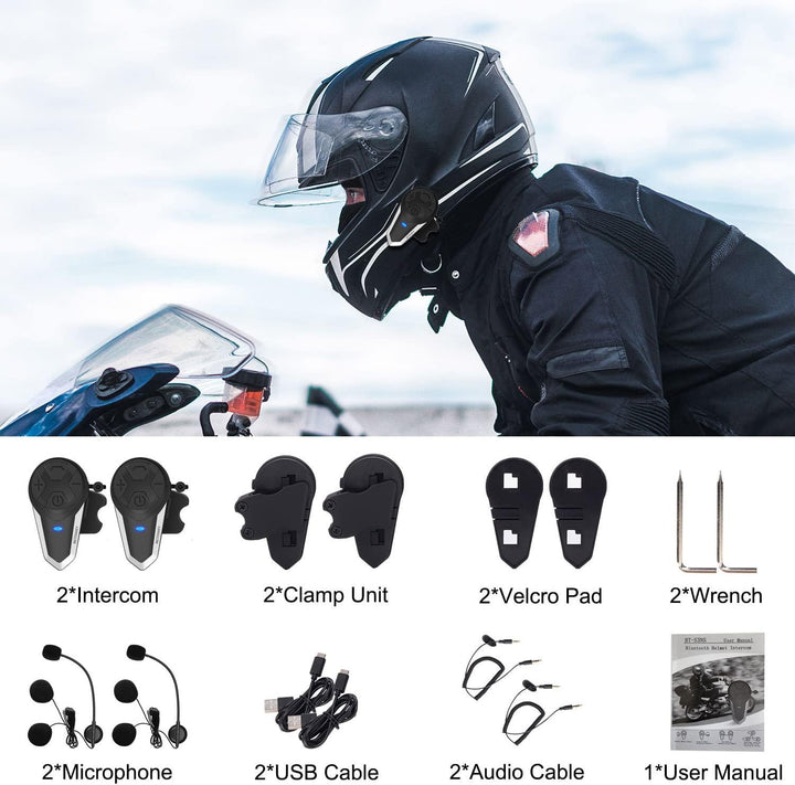BETOWEY BT-S3 Doppeltes Motorrad Intercom-Set für 2 Personen - 1000m Reichweite, Bluetooth Helm-Komm