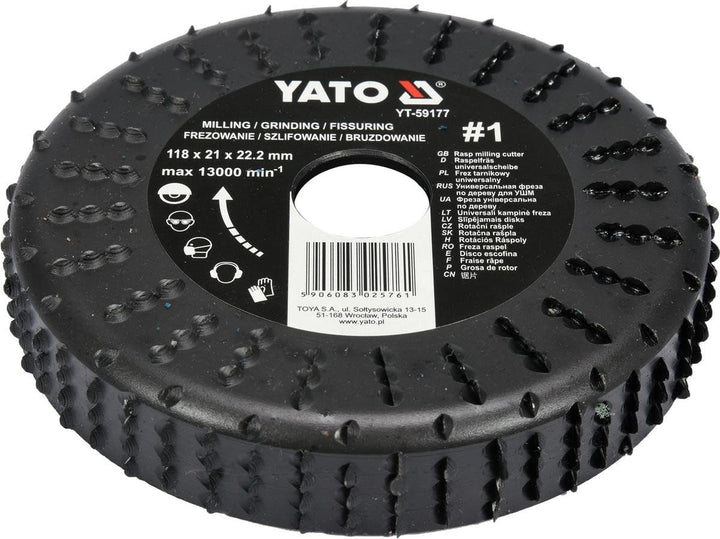 Yato YT-59177, Raspelscheibe D 118 x 22,2, Raspel stirnseitig/flächig, für Holz, Gipskarton