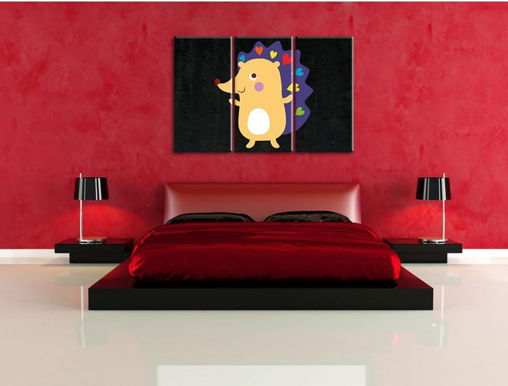 Pixxprint Niedlicher Igel schwarz 3-Teiler Leinwandbild 120x80 Bild auf Leinwand