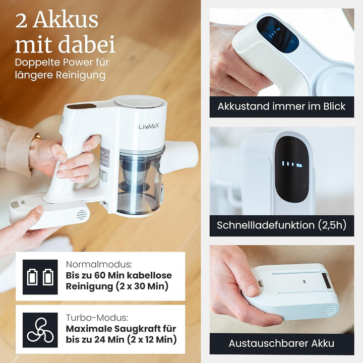 BLAXX LVX Akku Staubsauger kabellos – 60 Min Laufzeit, Akkustaubsauger mit 2 Akkus & Schnelllader, b
