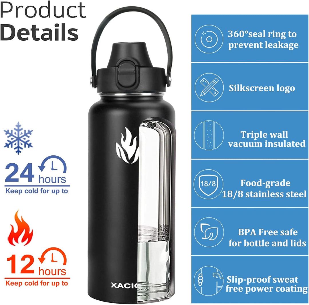 Edelstahl Wasserflasche,950ml/1200ml Vakuumisolierte Trinkflasche,Auslaufsichere mit Strohdeckel BPA