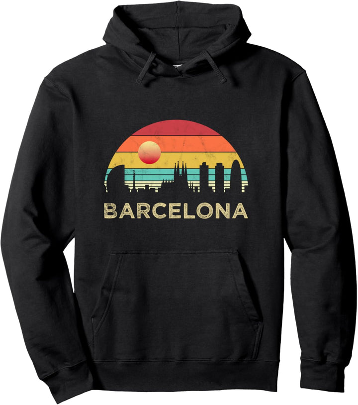 Barcelona Skyline Retro Pullover Hoodie