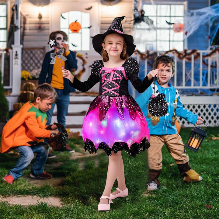 FORMIZON Mädchen Hexen Kostüm, LED Hexenkleid Kinder, Hexenkostüm mit Lichter, Kinder Zauberer verkl
