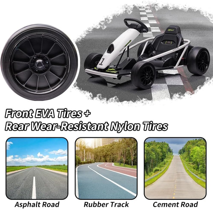 Elektrisches Go-Kart Weiss 24V für Kinder, Drift Kart mit 2×12V 9Ah Akku, Verstellbarem Sitz, Vor- u
