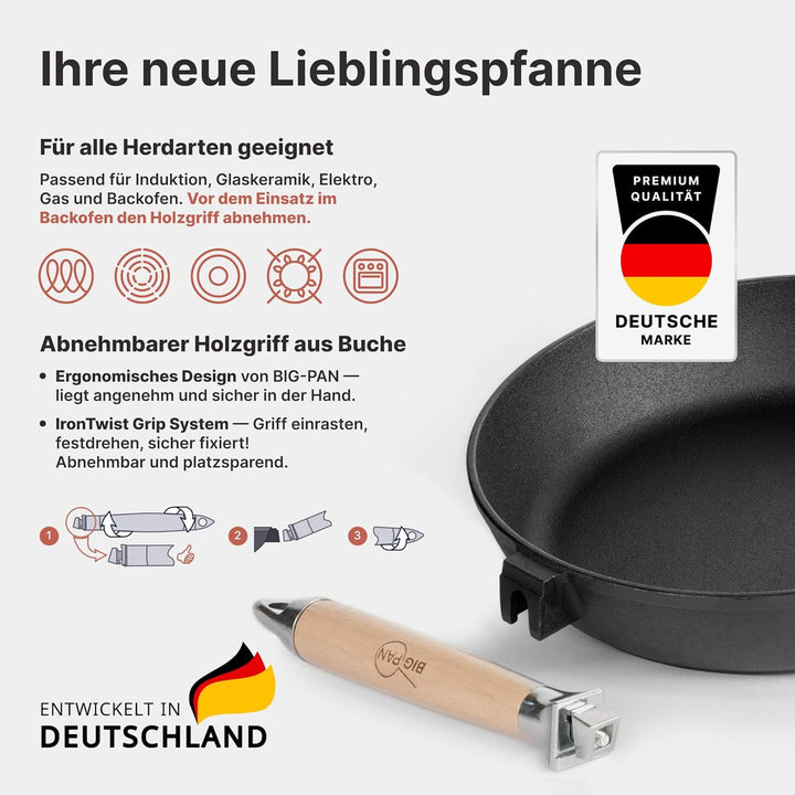 Premium Gusseisenpfanne Induktion 24 cm Pfanne Gusseisen UNBESCHICHTET sandgestrahlt universell Cast