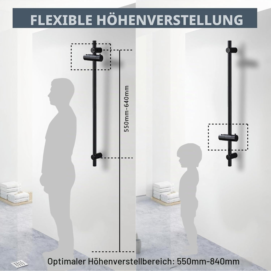 DETBOM Edelstahl Brausestange Schwarz 70cm, Duschstange mit Duschkopfhalterung 360°Drehbar,Duschstan
