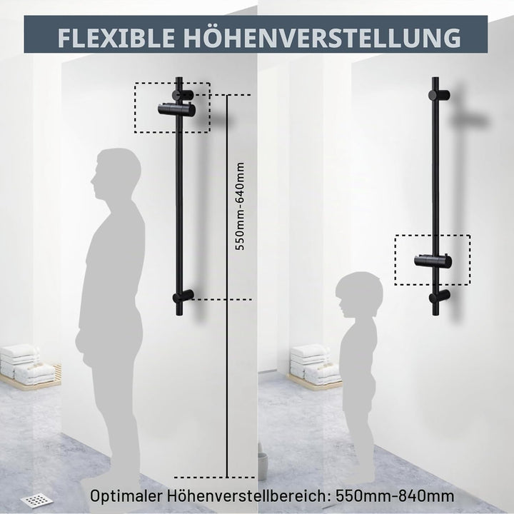 DETBOM Edelstahl Brausestange Schwarz 70cm, Duschstange mit Duschkopfhalterung 360°Drehbar,Duschstan