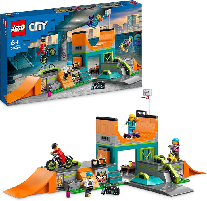 LEGO 60364 City Skaterpark, Spielzeug für Kinder ab 6 Jahren, mit BMX-Rad, Skateboard, Scooter, Inli