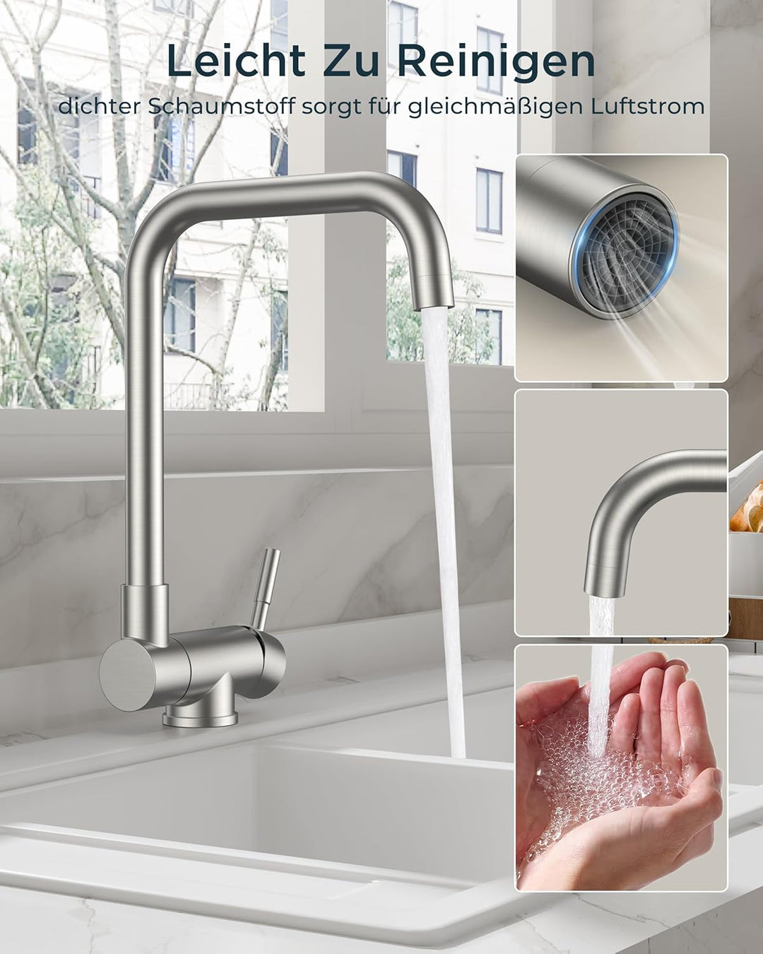 FORIOUS Wasserhahn Küche, Küchenarmatur mit 360° Schwenkbar und Klappbar, L-förmiger Edelstahl Desig