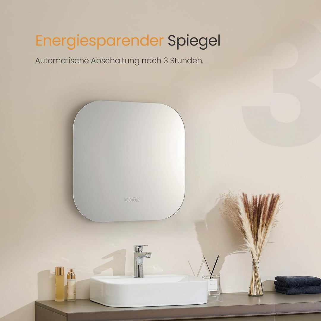 EMKE Badspiegel mit Beleuchtung 60x60cm mit 3 Lichtfarbe Dimmbar, Antibeschlag, Touchschalter, Speic