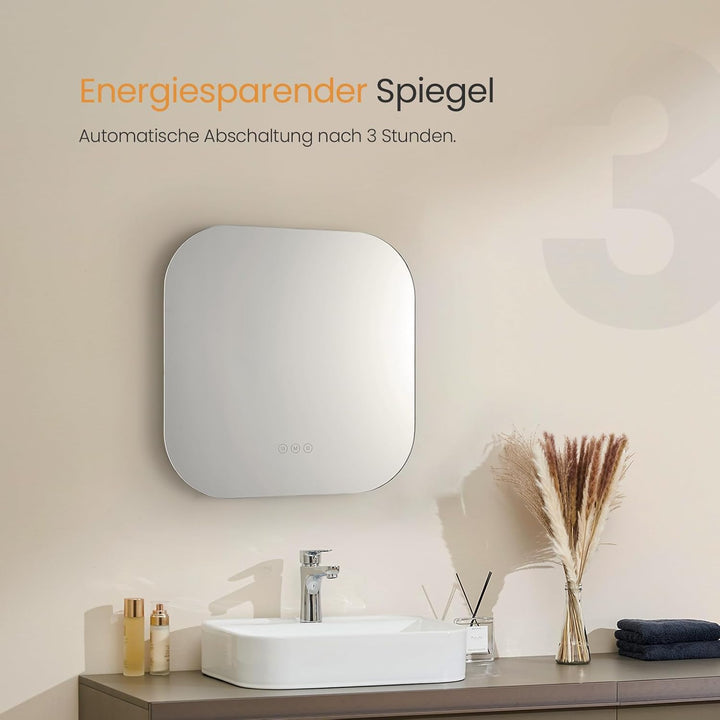 EMKE Badspiegel mit Beleuchtung 60x60cm mit 3 Lichtfarbe Dimmbar, Antibeschlag, Touchschalter, Speic