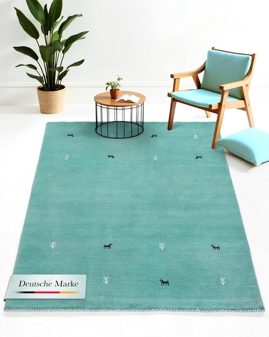 carpetfine Wollteppich Gabbeh Uni Türkis 60x90 cm | Moderner Teppich für Wohn- und Schlafzimmer 60x9