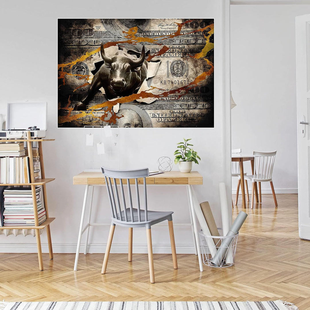 wandmotiv24 Poster als Wanddeko, Grösse 100x70cm, Stier stürmt durch Geldschein, Dollar, Geld, Tier,