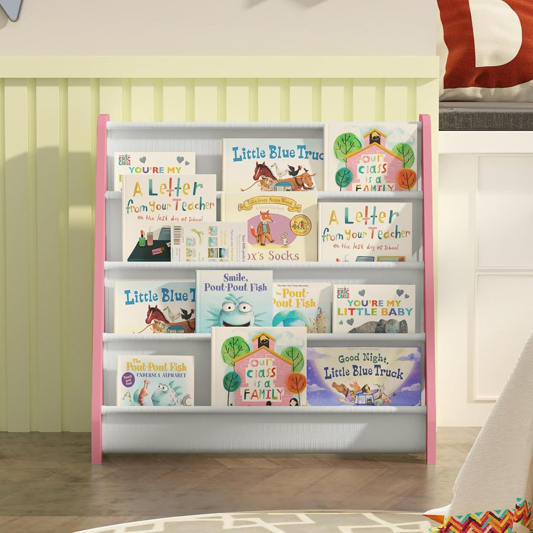 NACHES Kinder Bücherregal, Kinderregal mit 4 offenen Stofffächern, 60x30x60cm, aus Holz, Vliesstoff,