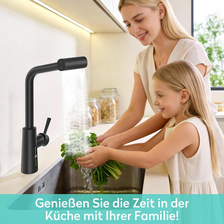 KAIYING Wasserhahn Küche Ausziehbar mit Temperaturanzeige (Batterielos), Hochdruck Wasserfall Küchen