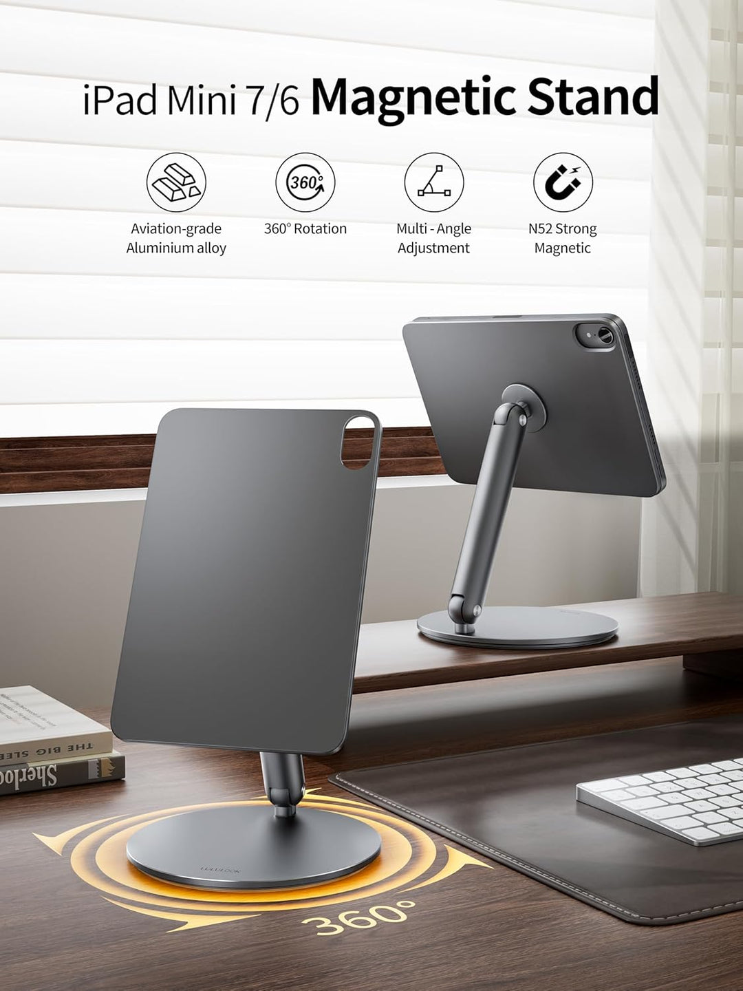 LULULOOK Magnetisch iPad mini 7 Ständer mit 360° Drehbar Basis, Aluminium Faltbar Mini 6 Halterung T