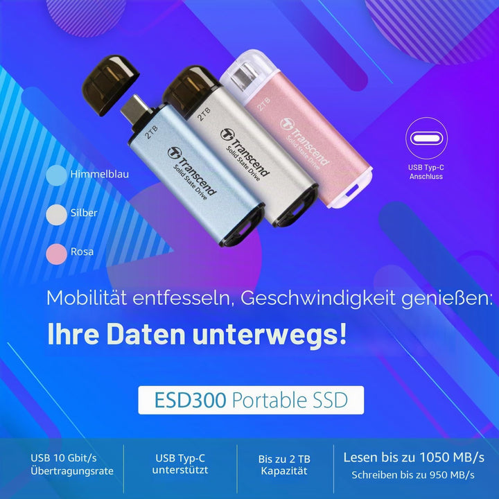 Transcend Portable SSD ESD300C 1TB USB Typ-C 10 Gbit/s PS4/PS5-kompatibel, Blau – TS1TESD300C