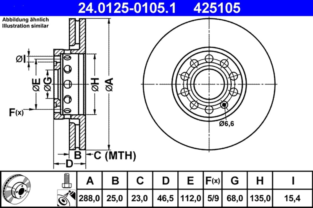 ATE Original Bremsscheibe - 2 Bremsscheiben - 24.0125-0105.1 - ECE-R90 Strassenzulassung