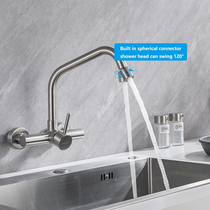 ONECE Wandmontage Wasserhahn Küche mit 2 Strahlarten, Küchenarmatur Wand Mischbatterie mit 360° dreh