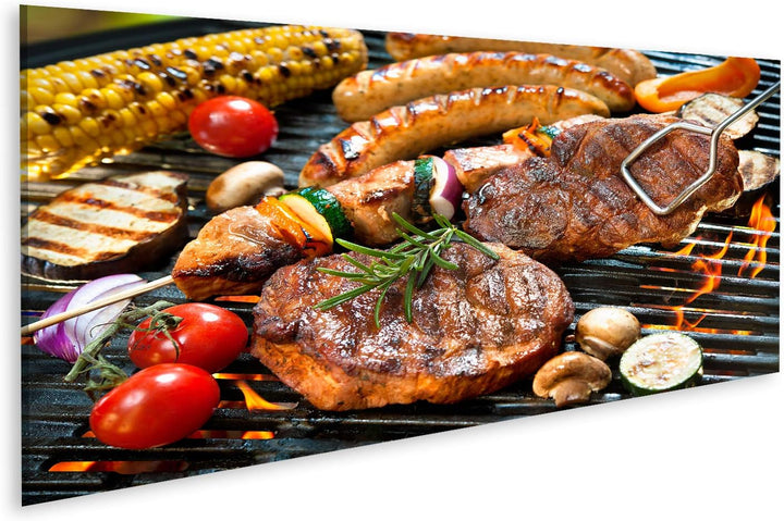 islandburner Bild auf Leinwand Grill Fleisch Wurst Gemüse Grillzange Bilder Wandbilder Poster 120L x