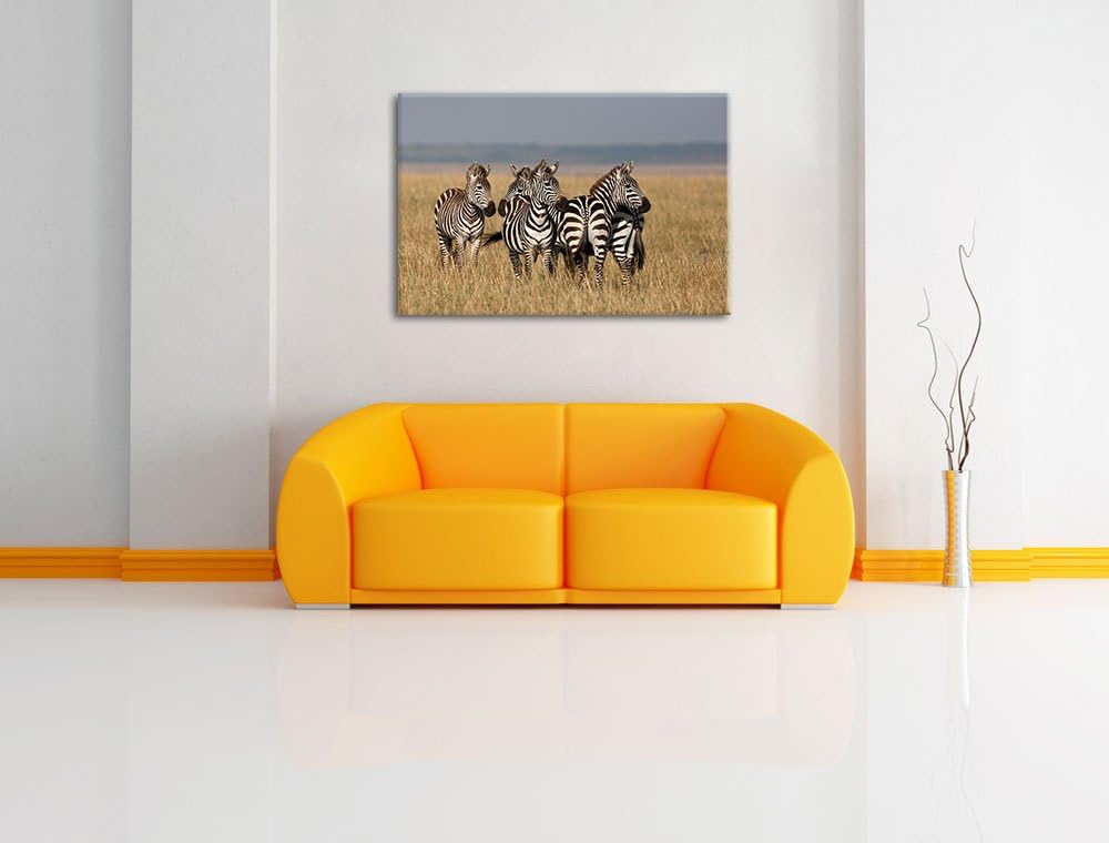 kleine Zebrahorde Leinwand, XXL riesige Bilder fertig gerahmt mit Keilrahmen, Kunstdruck auf Wandbil