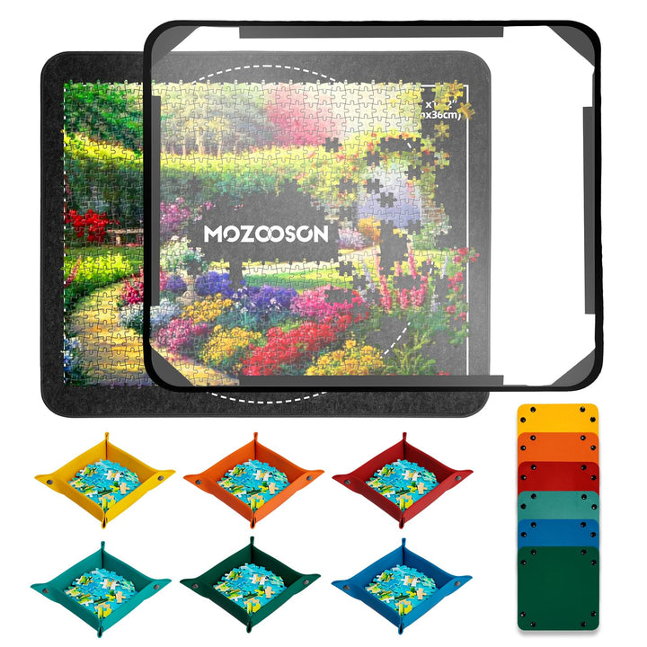 MOZOOSON Puzzlebrett 500 Teile mit 6 Sortierschalen, Tragbare Puzzlematte mit Transparenter Wasserdi