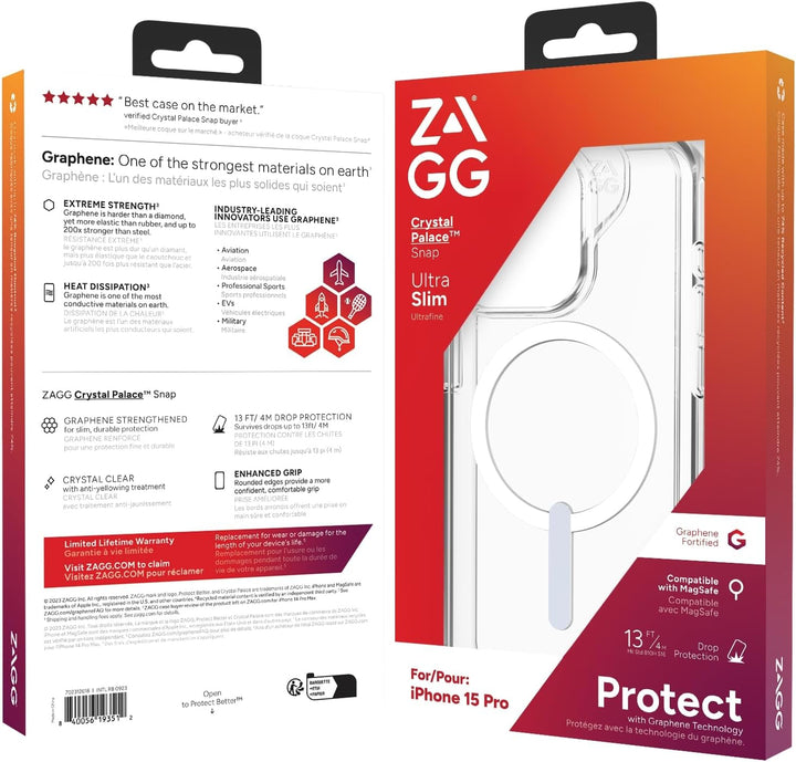 ZAGG Crystal Palace Schutzhülle für Apple iPhone 15 Pro, MagSafe,4 m Fallen, kabelloses Laden, Graph