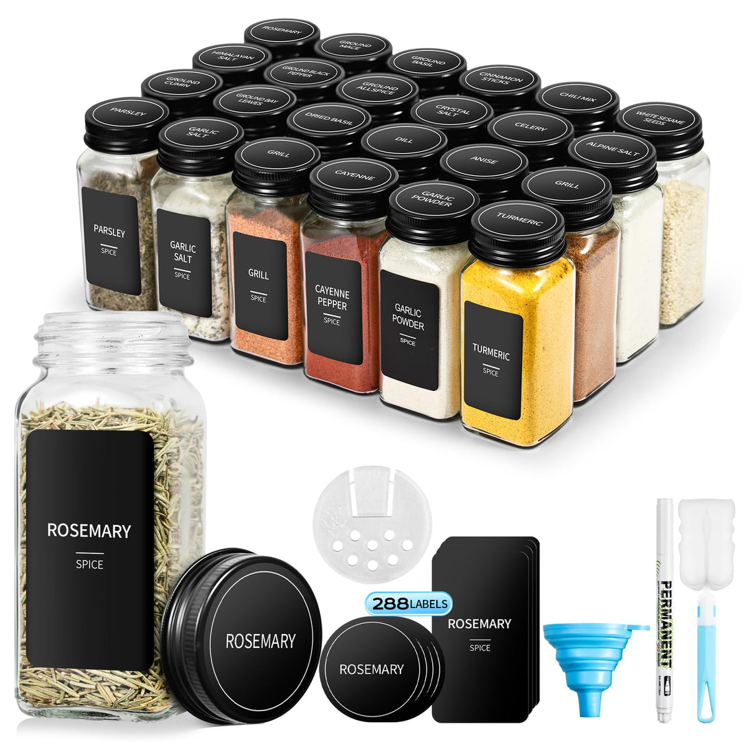 Gewürzgläser Eckig mit Aluminiumdeckeln(24 x 120ml) + 288 Etiketten | Gewürzdosen Set Glas mit Streu
